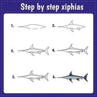 Drawing lesson for children. How draw a xiphias. Drawing tutorial for kids. Step by step repeats the picture. Kids activity art page for book. Vector illustration.