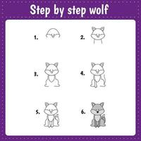 Drawing lesson for children. How draw a wolf. Drawing tutorial for kids. Step by step repeats the picture. Kids activity art page for book. Vector illustration.