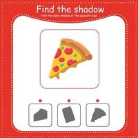 Pizza. Find the correct shadow. Educational game for children. Cartoon vector illustration.