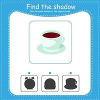 Cup. Find the correct shadow. Educational game for children. Cartoon vector illustration.