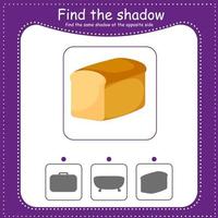 Bread. Find the correct shadow. Educational game for children. Cartoon vector illustration.