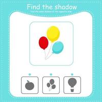 Find the correct shadow. Educational game for children. Cartoon vector illustration. Balloons