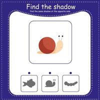 Snail. Find the correct shadow. Educational game for children. Cartoon vector illustration.