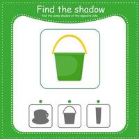 Find the correct shadow. Educational game for children. Cartoon vector illustration. Bucket