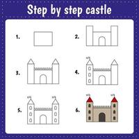 Easy educational kid game. Step by step drawing activity worksheet for kids. Castle vector