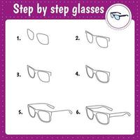 Drawing lesson for children. How draw a glasses. Drawing tutorial. Step by step repeats the picture. Kids activity art page for book. Vector illustration.