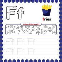 alfabeto rastreo hoja de cálculo con letras. escritura práctica letra F. vector