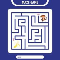 Square Maze for kids. Simple logic labyrinth game challenge. Help monkey find banana. vector