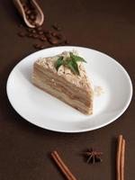 Delicious Napoleon Cake with cream on a white plate decorated with a sprig of mint on a Brown Background. A cinnamon stick, badyan, coffee beans on a brown background. Copy space photo