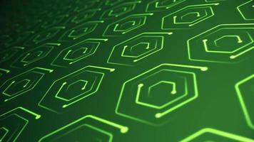 Circuit board styled background animation with data nodes transferring in repeating hexagonal shapes. This modern, green technology motion background is a seamless loop. video