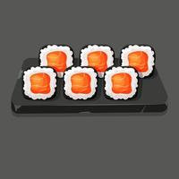 Broken Stone plate with set of sushi rolls with nori, salmon. Asian food cartoon vector