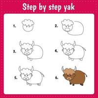 Drawing lesson for children. How draw a yak. Drawing tutorial for kids. Step by step repeats the picture. Kids activity art page for book. Vector illustration.