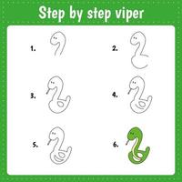 Drawing lesson for children. How draw a viper. Drawing tutorial for kids. Step by step repeats the picture. Kids activity art page for book. Vector illustration.