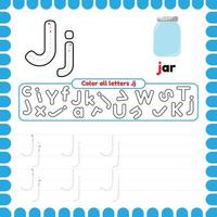 Alphabet Tracing Worksheet with letters. Writing practice letter J. vector