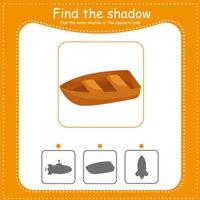 Boat. Find the correct shadow. Educational game for children. Cartoon vector illustration.