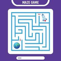 Square Maze for kids. Help rocket fly to earth. Simple logic labyrinth game vector