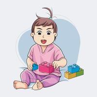 Child little girl sitting on the bed is played with toys vector illustration free download