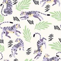 Seamless pattern with hand drawn exotic big cat purple tiger, with tropical plants and abstract elements on white background. Colorful flat vector illustration