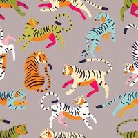 Seamless pattern with hand drawn exotic big cat tiger, in different colors, on light gray background. Colorful flat vector illustration