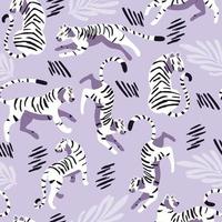 Seamless pattern with hand drawn exotic big cat white tiger, with tropical plants and abstract elements on light purple background. Colorful flat vector illustration