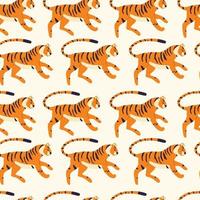 Seamless pattern with hand drawn exotic big cat tiger, on cream background. Colorful flat vector illustration