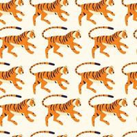 Seamless pattern with hand drawn exotic big cat tiger, on cream background. Colorful flat vector illustration