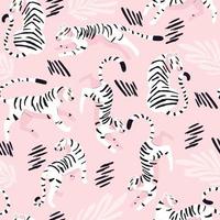 Seamless pattern with hand drawn exotic big cat white tiger, with tropical plants and abstract elements on light pink background. Colorful flat vector illustration