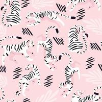 Seamless pattern with hand drawn exotic big cat white tiger, with tropical plants and abstract elements on light pink background. Colorful flat vector illustration