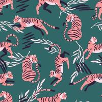 Seamless pattern with hand drawn exotic big cat pink tiger, with tropical plants and abstract elements on green background. Colorful flat vector illustration