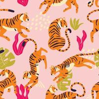 Seamless pattern with hand drawn exotic big cat tiger, with tropical plants and abstract elements on light pink background. Colorful flat vector illustration