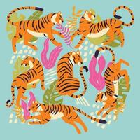 colección de linda mano dibujado tigres en brillante azul fondo, de pie, sesión, corriendo y caminando con exótico plantas y resumen elementos. vistoso vector ilustración