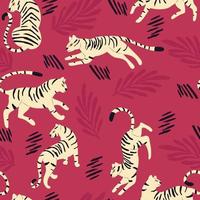 Seamless pattern with hand drawn exotic big cat white tiger, with tropical plants and abstract elements on viva magenta background. Colorful flat vector illustration