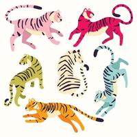 Collection of cute hand drawn tigers in different vibrant colors on white background, standing, sitting, running and walking. Colorful vector illustration