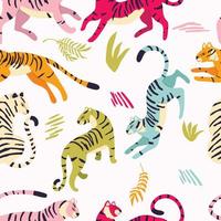 Seamless pattern with hand drawn exotic big cat tigers, in different vibrant colors, with tropical plants and abstract elements on light cream background. Colorful flat vector illustration