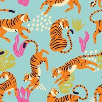 Seamless pattern with hand drawn exotic big cat tiger, with tropical plants and abstract elements on light blue background. Colorful flat vector illustration