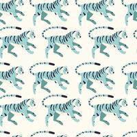 Seamless pattern with hand drawn exotic big cat tiger, in light blue on cream background. Colorful flat vector illustration