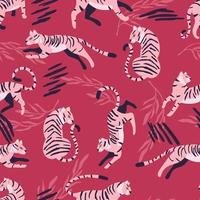 Seamless pattern with hand drawn exotic big cat pink tiger, with tropical plants and abstract elements on viva magenta background. Colorful flat vector illustration