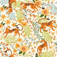 Seamless pattern with hand drawn exotic big cat tiger, with tropical plants, flowers and abstract elements on white background. Colorful flat vector illustration