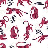 Seamless pattern with hand drawn exotic big cat viva magenta tiger, with abstract elements on white background. Colorful flat vector illustration