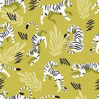 Seamless pattern with hand drawn exotic big cat white tiger, with tropical plants and abstract elements on light green background. Colorful flat vector illustration