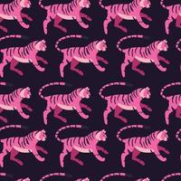 Seamless pattern with hand drawn exotic big cat tiger, in bright pink, on purple background. Colorful flat vector illustration