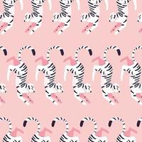 Seamless pattern with hand drawn exotic big cat white tiger, on light pink background. Colorful flat vector illustration