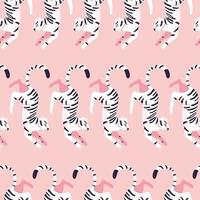 Seamless pattern with hand drawn exotic big cat white tiger, on light pink background. Colorful flat vector illustration