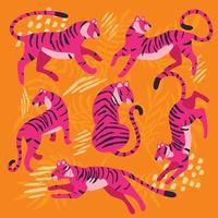 Collection of cute hand drawn bright pink tigers on orange background, standing, sitting, running and walking with exotic plants and abstract elements. Colorful vector illustration