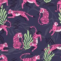 Seamless pattern with hand drawn exotic big cat pink tiger, with tropical plants and abstract elements on purple background. Colorful flat vector illustration