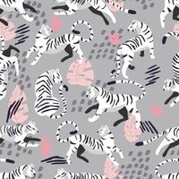 Seamless pattern with hand drawn exotic big cat white tiger, with tropical plants and abstract elements on light grey background. Colorful flat vector illustration