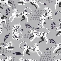 Seamless pattern with hand drawn exotic big cat white tiger, with tropical plants and abstract elements on light gray background. Colorful flat vector illustration