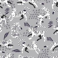 Seamless pattern with hand drawn exotic big cat white tiger, with tropical plants and abstract elements on light gray background. Colorful flat vector illustration