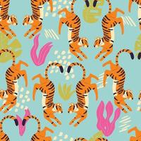 Seamless pattern with hand drawn exotic big cat tiger, with tropical plants and abstract elements on light blue background. Colorful flat vector illustration