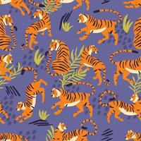 Seamless pattern with hand drawn exotic big cat tiger, with tropical plants and abstract elements on purple background. Colorful flat vector illustration